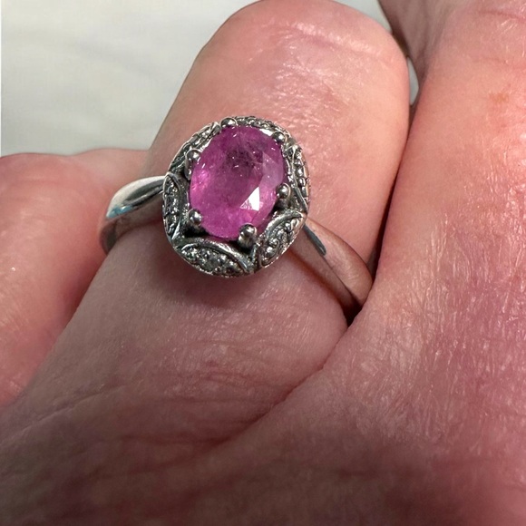 Sterling SIlver Ruby Oval Signed Set - Necklace, Earrings & Ring - Picture 8 of 12